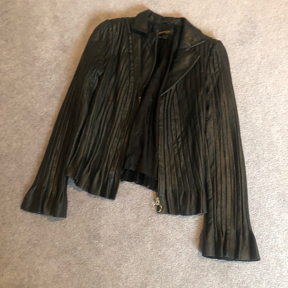 Pleated Black Leather Jacket with Asymmetrical Zip